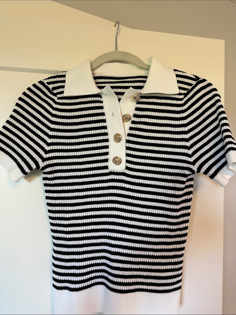 Commense Black & White Striped Polo Top